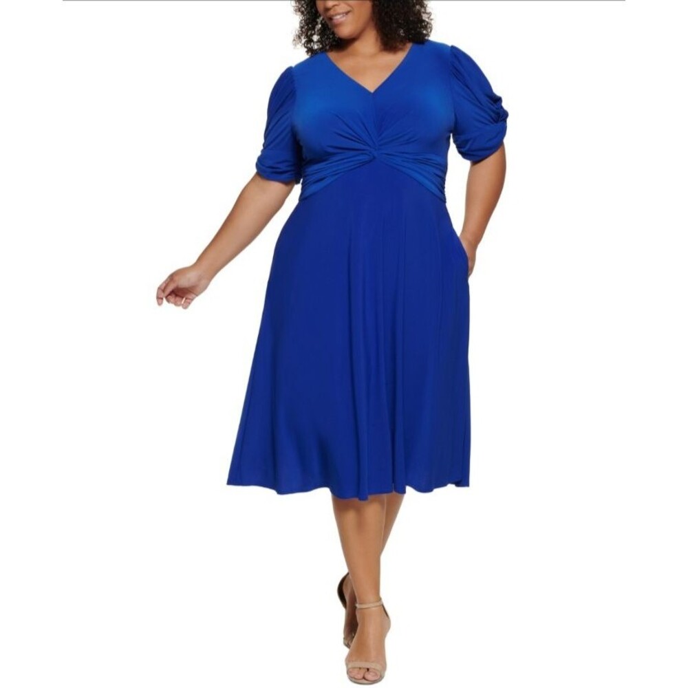 Jessica Howard Womens Sz 20W Puff Sleeve Twisted Midi Dress Royal Blue